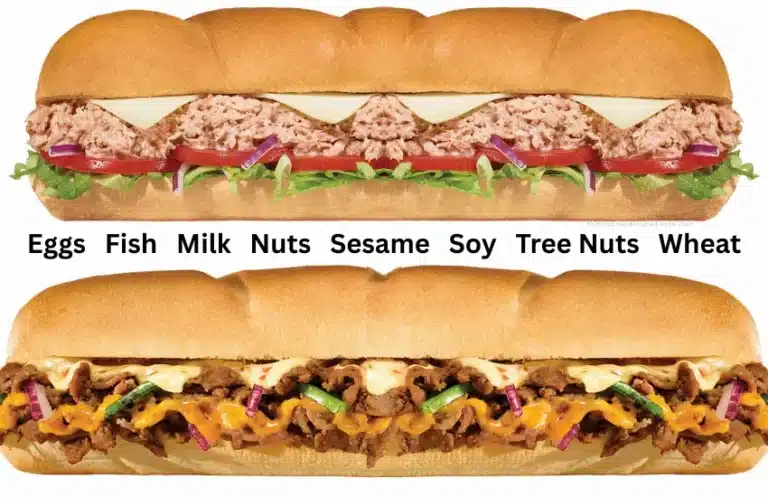 Two footlong Subway sandwiches with text listing major food allergens.