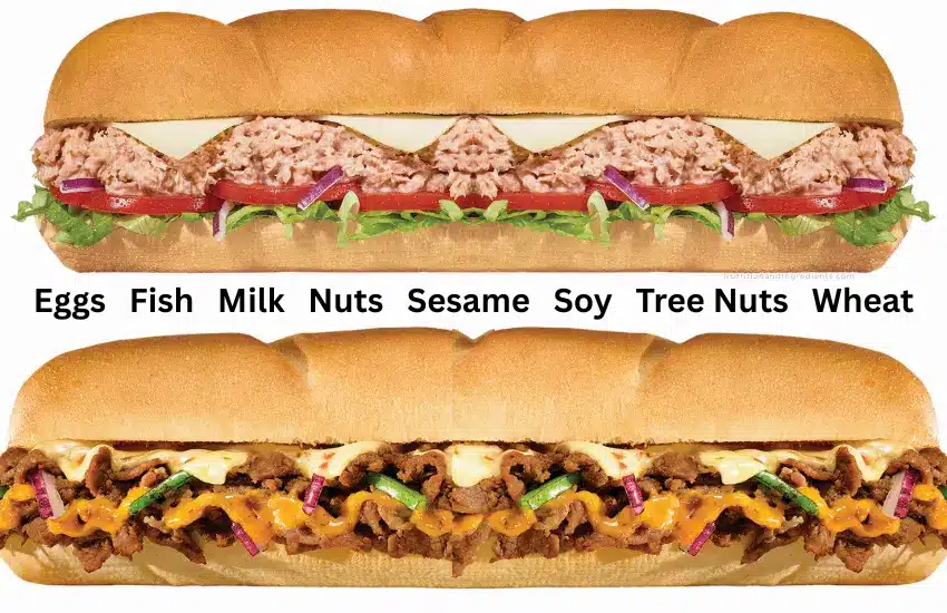 Two footlong Subway sandwiches with text listing major food allergens.