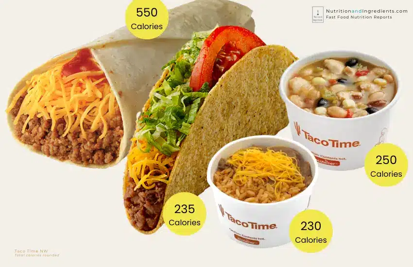 Taco Time NW taco, burrito, side dishes with total calories.