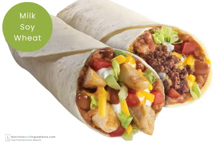 Two super soft burritos from TacoTime with list of allergens.