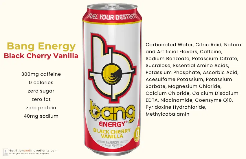 Bang energy drink black cherry flavor with text list of ingredients