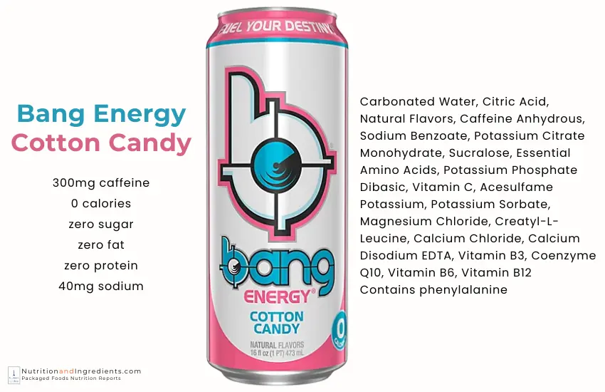 Bang energy drink cotton candy flavor with text list of ingredients
