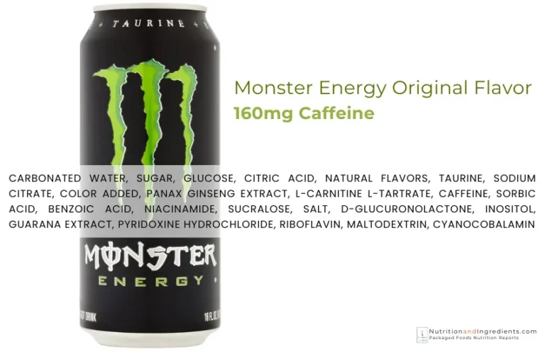 Can of Monster Energy Drink and text list of ingredients.