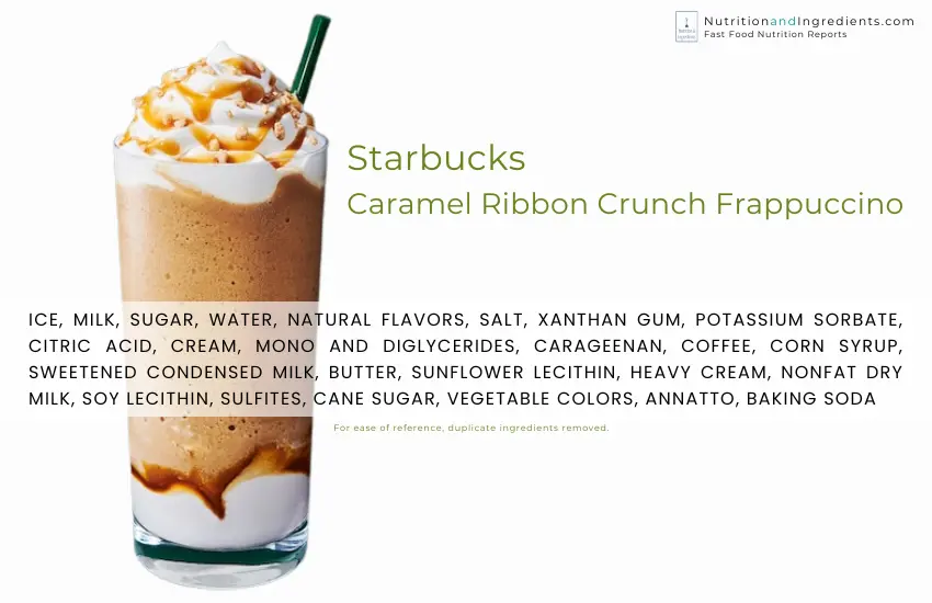 Starbucks caramel ribbon crunch frappuccino and list of ingredients.