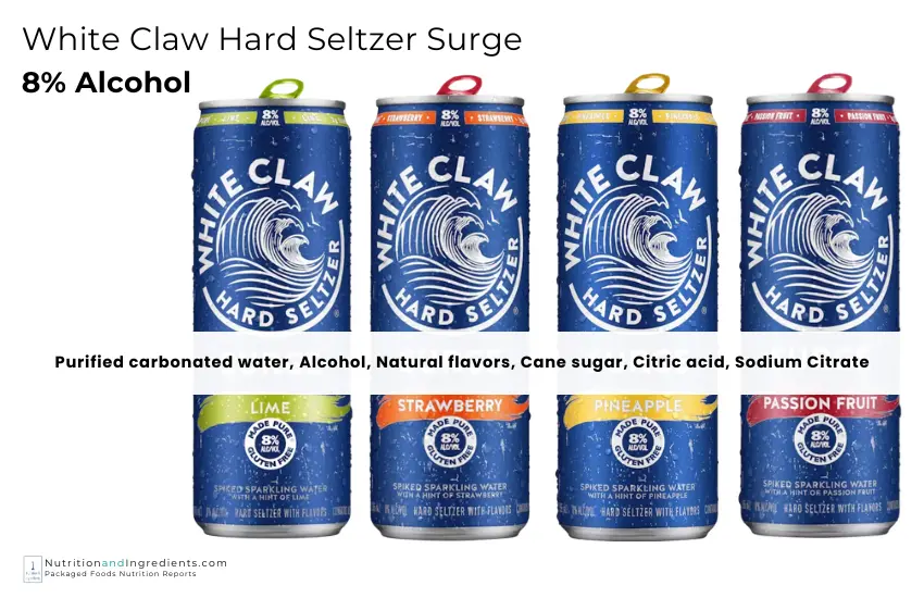 Four cans of White Claw hard seltzer surge drinks with list of ingredients.