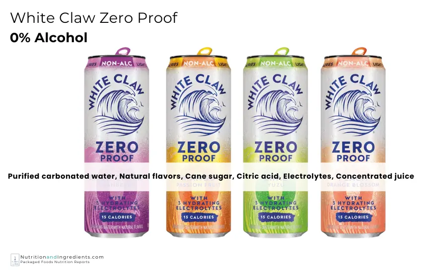 Four cans of White Claw alcohol-free seltzers with list of ingredients.