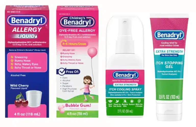 Four types of Benadryl allergy relief medicine.
