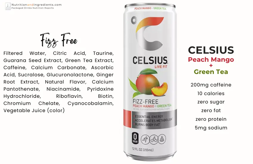 Celsius peach flavored uncarbonated energy drink with list of ingredients.