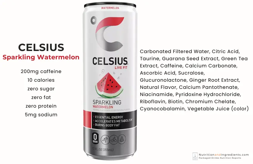 Celsius watermelon flavored energy drink and text list of ingredients.
