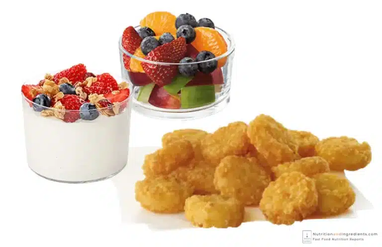 Chick-fil-A Hash Browns, yogurt parfait, and fruit cup.