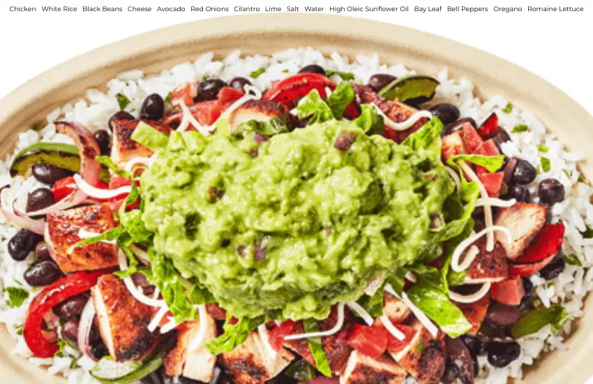 Chipotle bowl with rice, chicken, black beans, guacamole.