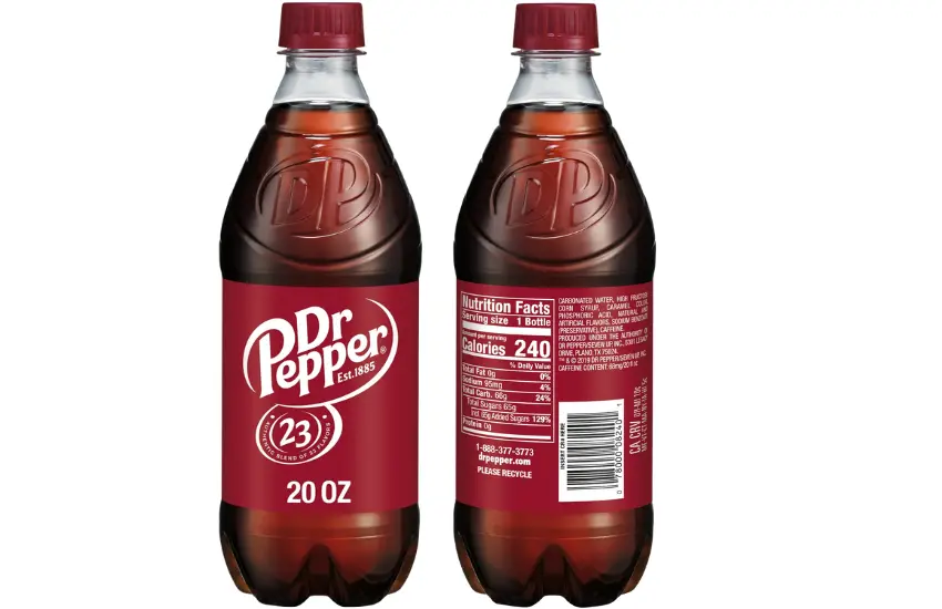 Front and back of bottle of Dr Pepper.