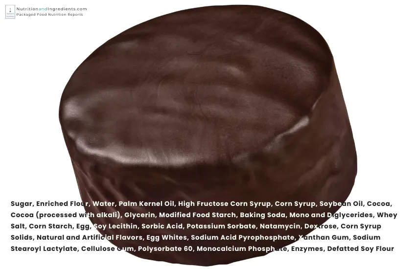 Hostess Ding Dong with text list of ingredients.