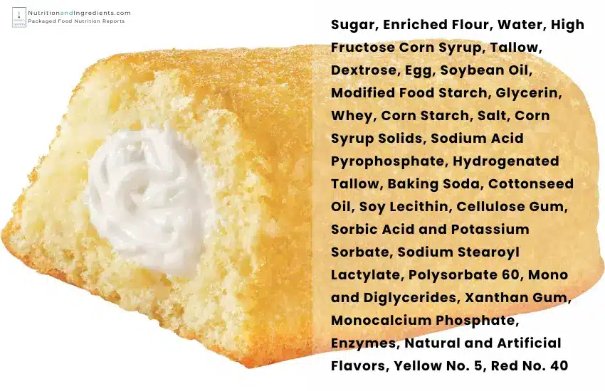 Hostess Twinkie with text list of ingredients.