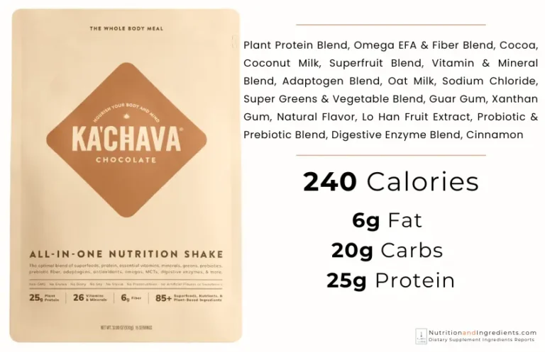 Package of chocolate Ka'Chava protein powder and text list of ingredients