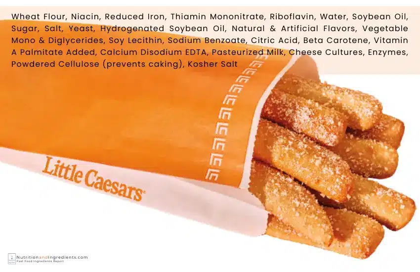 Order of Little Caesars crazy bread sticks with text list of ingredients