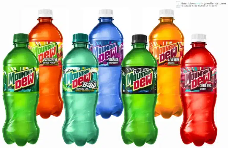 7 bottles of different flavored Mountain Dew soft drinks