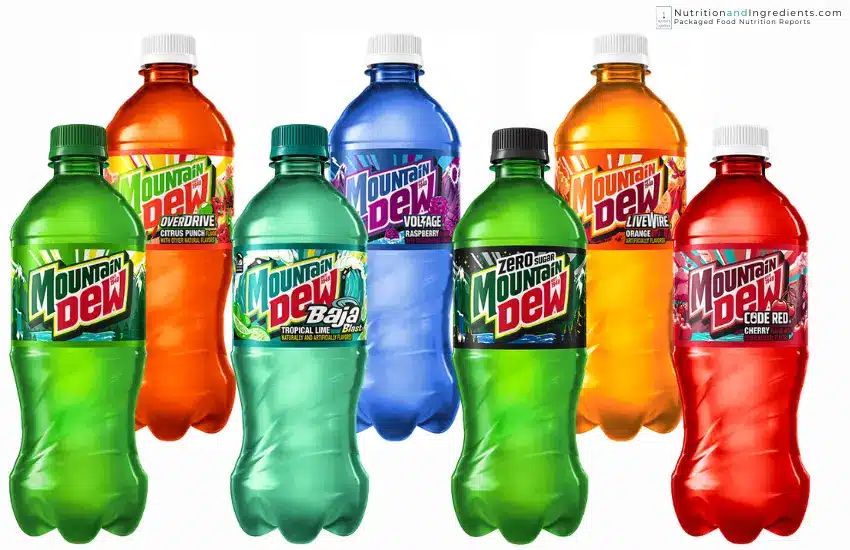 7 bottles of different flavored Mountain Dew soft drinks