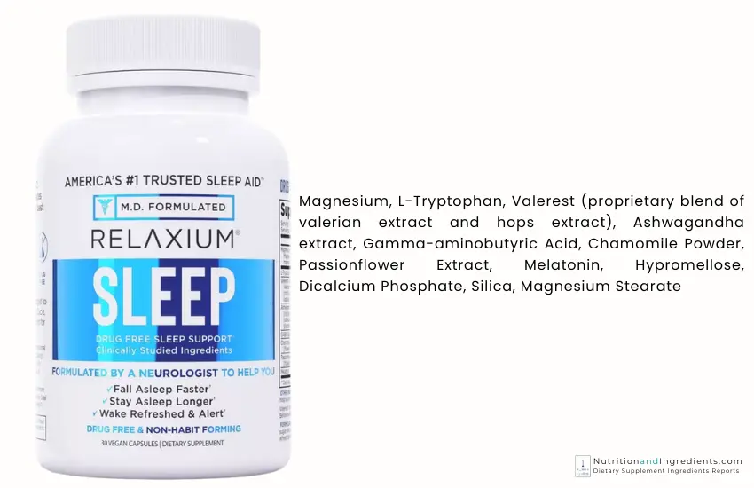Relaxium sleep aid with text list of ingredients