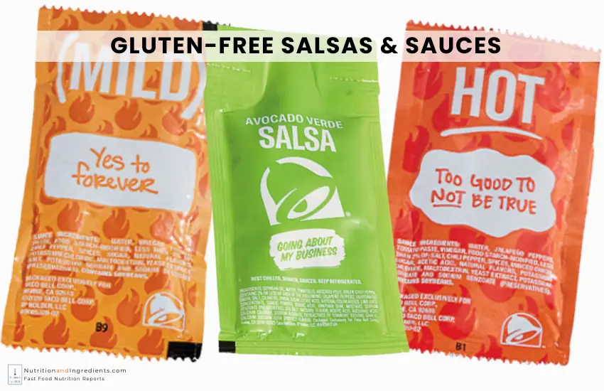 Three packets of gluten-free Taco Bell salsa