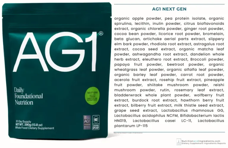 Package of Athletic Greens AG1 with text list of ingredients.