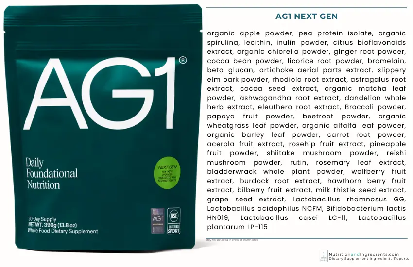 Package of Athletic Greens AG1 with text list of ingredients.