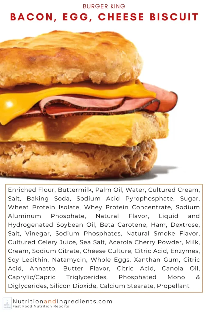 Burger King Ham, Egg, & Cheese biscuit sandwich with text list of ingredients.