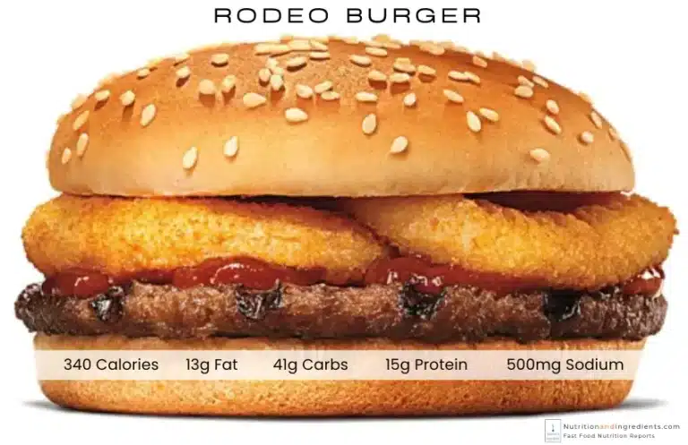 Burger King rodeo burger is topped onion rings and BBQ sauce with text listing calories and nutrients.