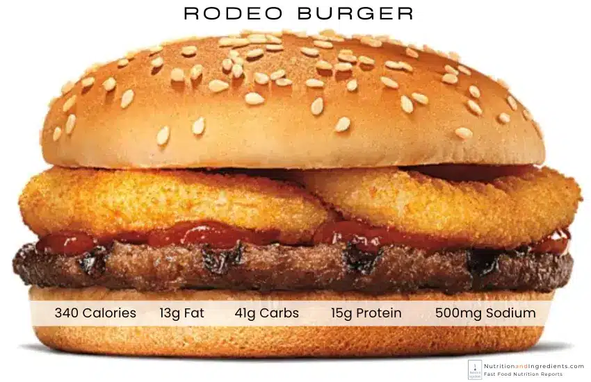 Burger King rodeo burger is topped onion rings and BBQ sauce with text listing calories and nutrients.