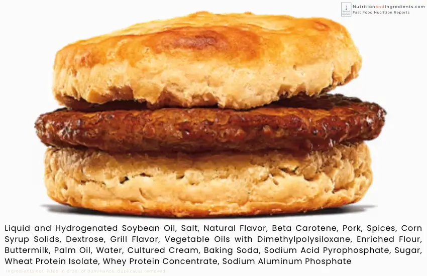 Burger King Sausage breakfast sandwich with text list of ingredients.