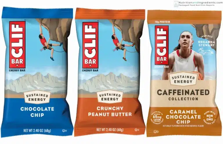 Three types of Clif Bars, including chocolate chip, peanut butter, and caramel chocolate chip.