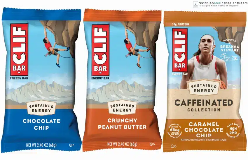 Three types of Clif Bars, including chocolate chip, peanut butter, and caramel chocolate chip.