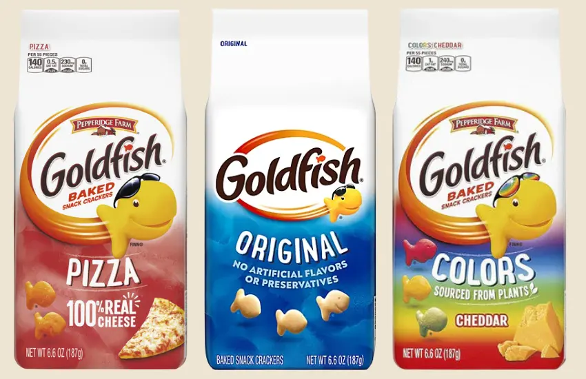 Containers of three types of Goldfish crackers: pizza, original, colors.