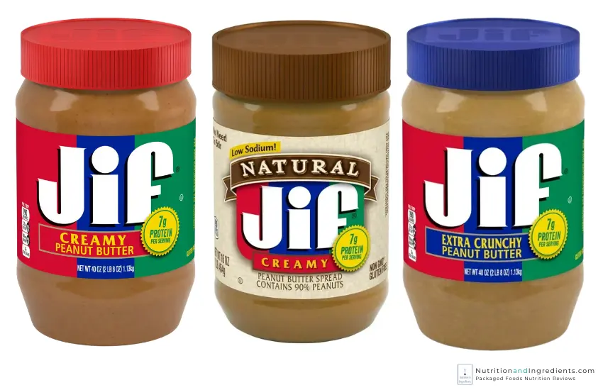 Jars of Jif Creamy Peanut Butter, Jif Natural Peanut Butter, and Jif Extra Crunchy Peanut Butter