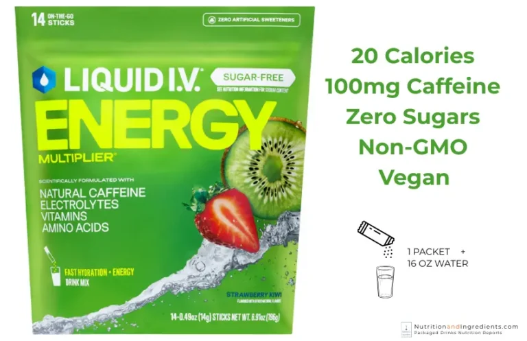 Bag of Liquid IV energy powder mix with text list of benefits.