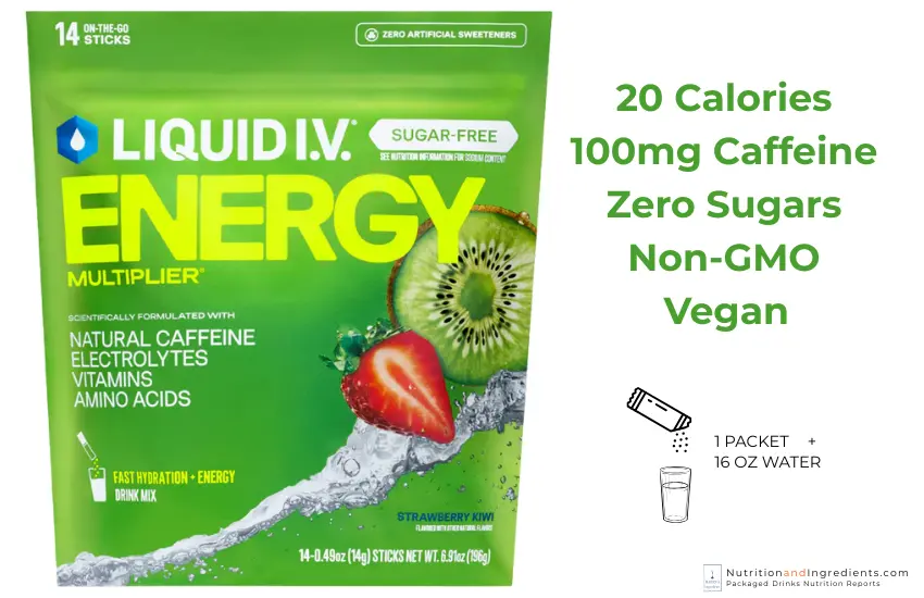 Bag of Liquid IV energy powder mix with text list of benefits.
