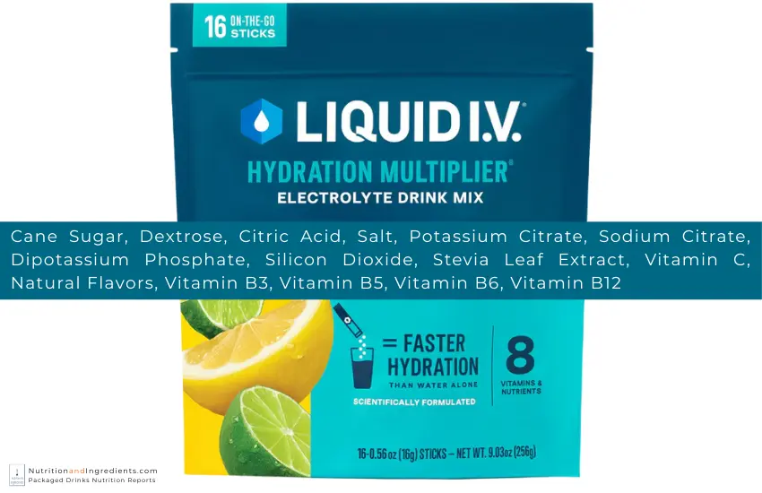 Bag of Liquid IV electrolyte hydration packets with text listing ingredients.