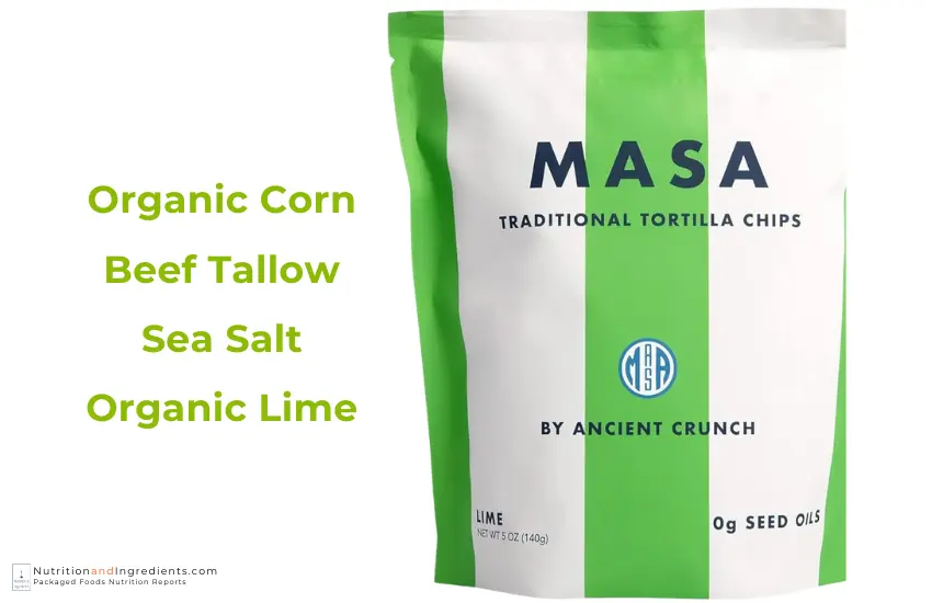 Bag of Masa lime flavored corn chips and text list of 3 ingredients