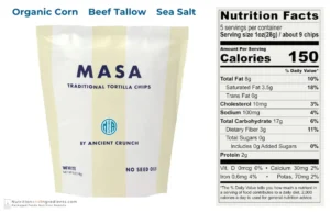 Bag of traditional Masa chips and table of nutrition facts