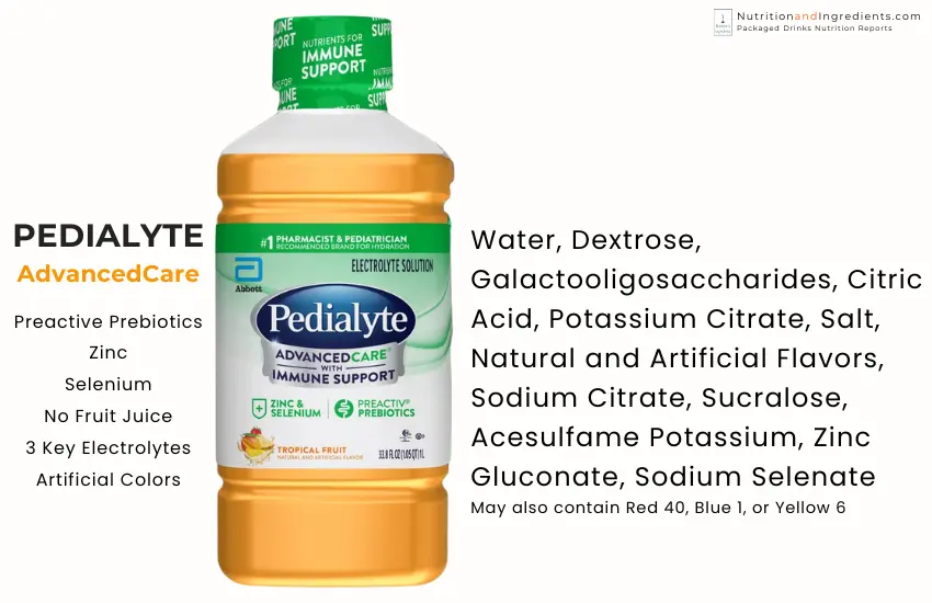 Bottle of Pedialyte AdvancedCare electrolyte solution with text list of ingredients