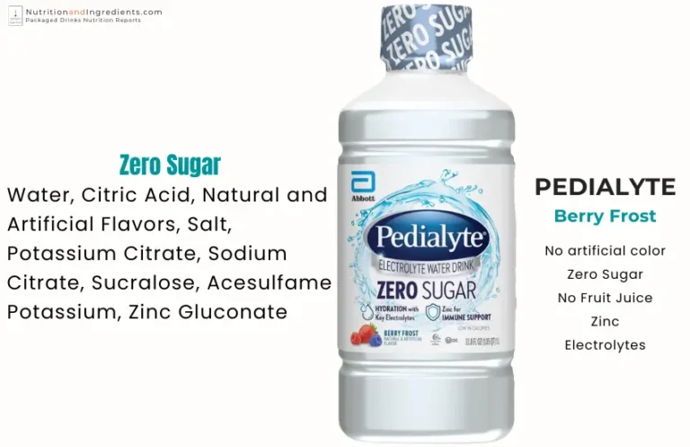 Bottle of Pedialyte Zero Sugar electrolyte drink with text list of ingredients