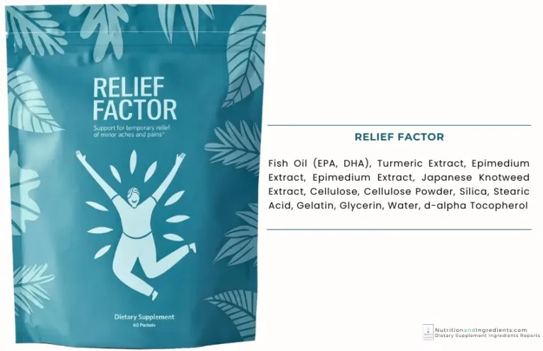 Package of Relief Factor pain relief supplements and text list of ingredients.