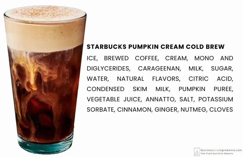 Starbucks iced pumpkin cream cold brew with text list of ingredients.
