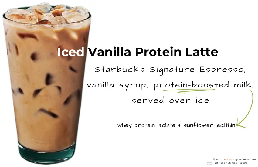 Starbucks iced vanilla protein latte with text description of what's in the drink.