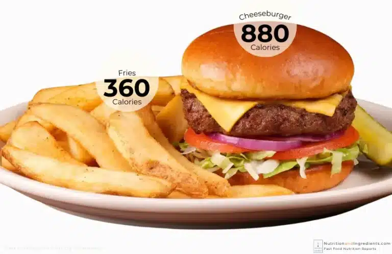 Texas Roadhouse cheeseburger and steak fries with text listing calories.