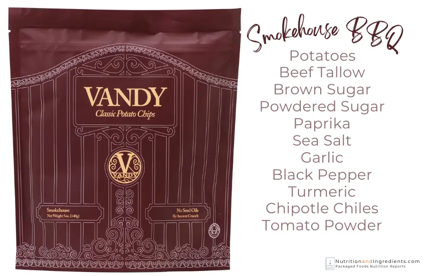 Bag of Vandy BBQ-flavored crisps with text list of ingredients
