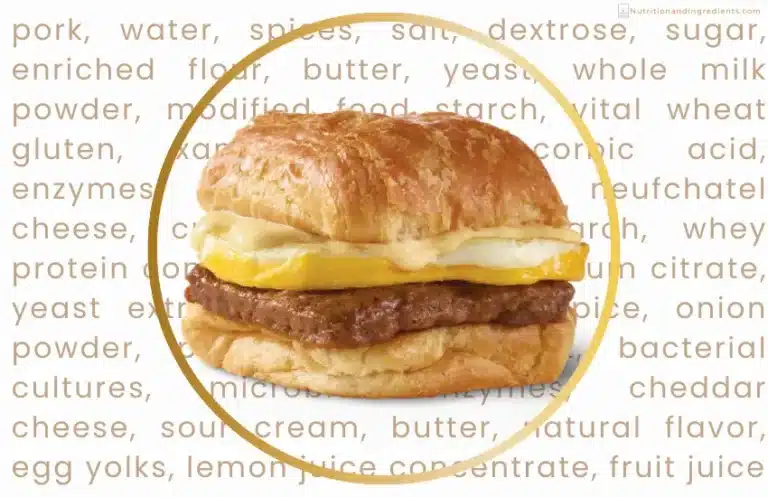 Wendy's sausage, egg and cheese breakfast sandwich with text list of ingredients.