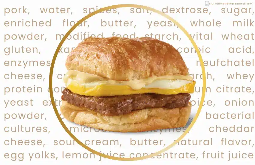 Wendy's sausage, egg and cheese breakfast sandwich with text list of ingredients.