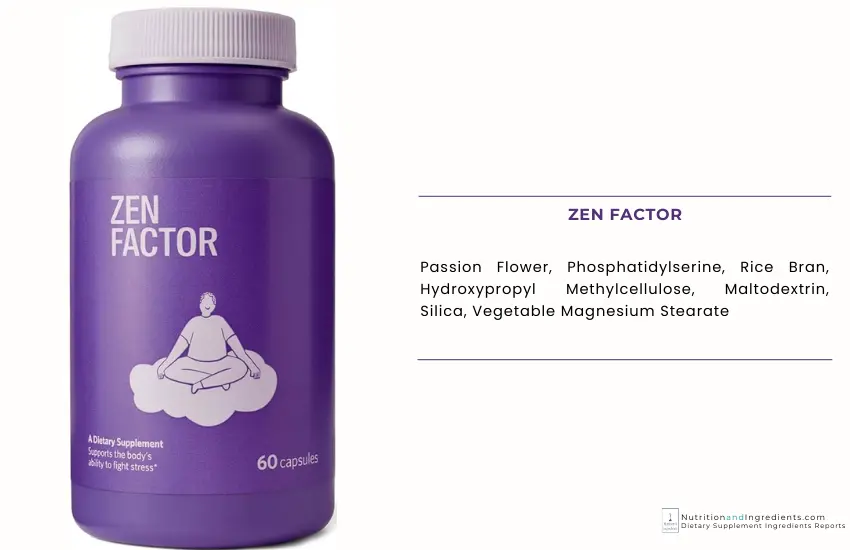 Package of Zen Factor stress relief supplements and text list of ingredients.