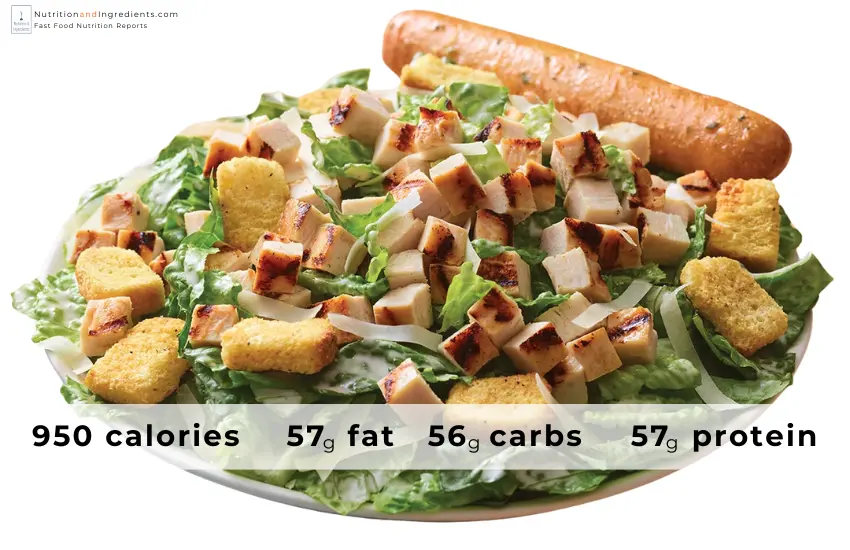 Applebee's Caesar salad with croutons and chicken and amount of fat, carbs, protein.
